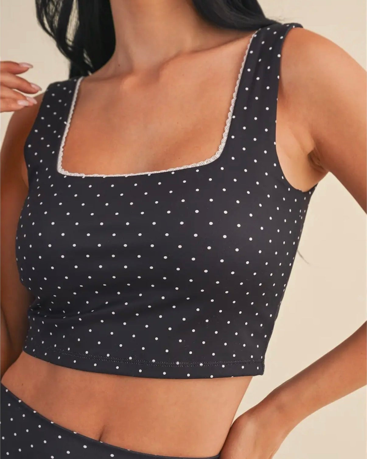 Polka Dot Crop Tank with Lace Trim