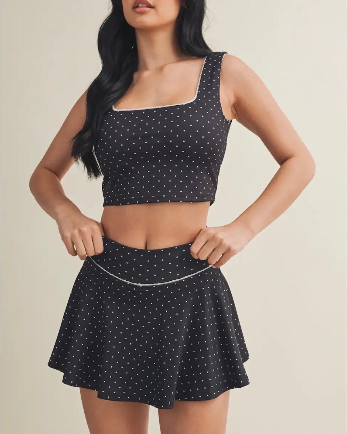 Polka Dot Crop Tank with Lace Trim