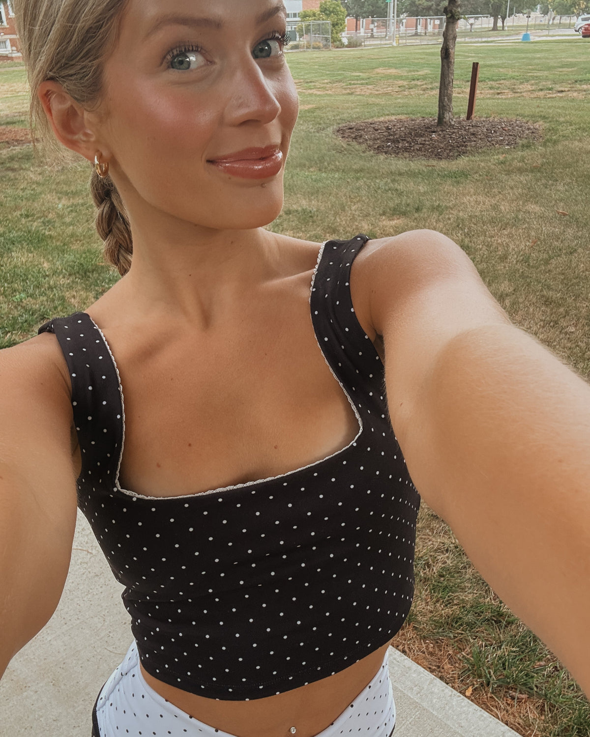 Polka Dot Crop Tank with Lace Trim