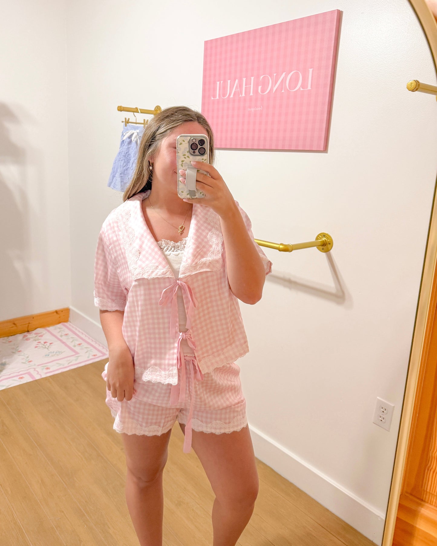Pink Gingham Lace Trim PJ Set