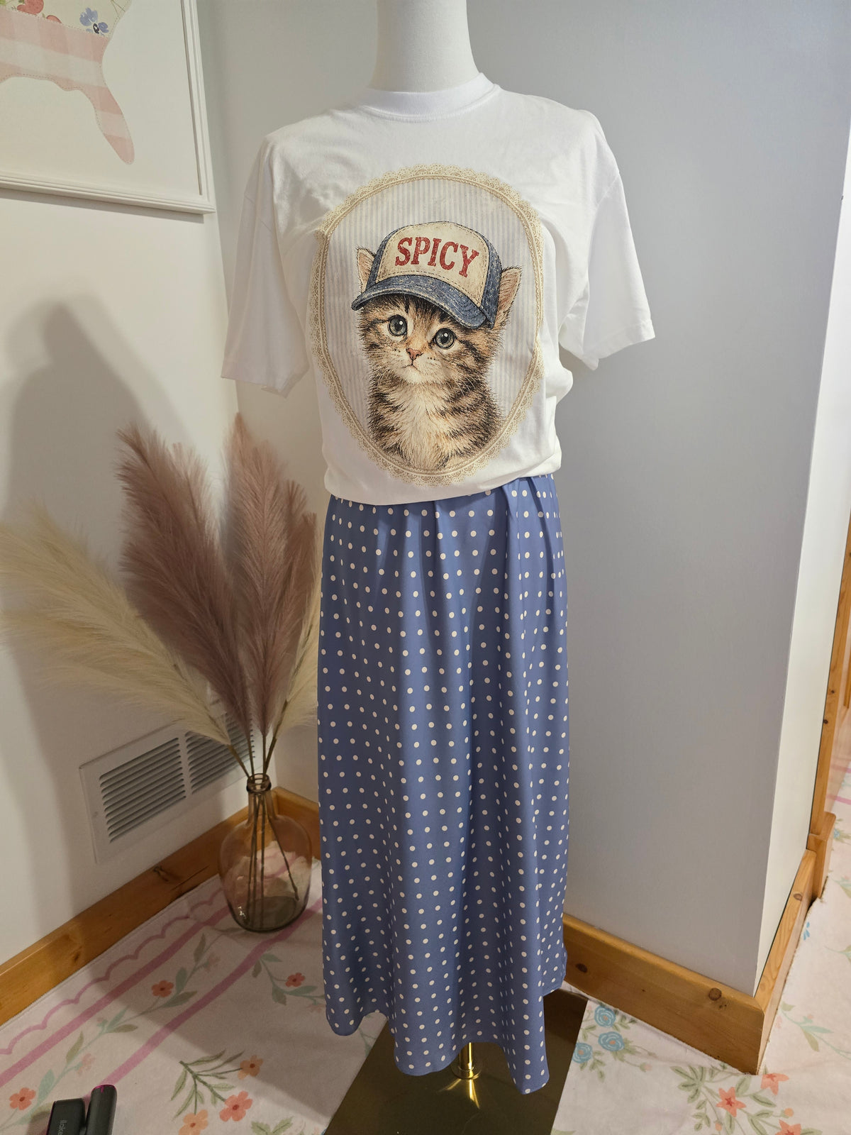 Dusty Blue Polka Dot Satin Midi Skirt