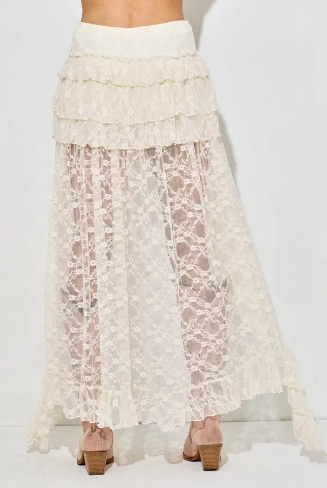 Lace Ruffle Tiered High-Low Maxi Skirt