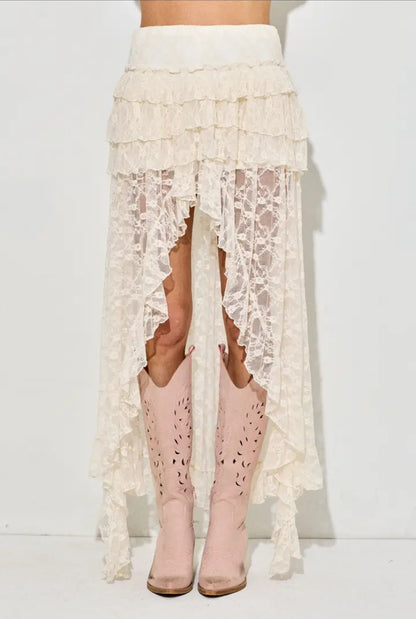 Lace Ruffle Tiered High-Low Maxi Skirt