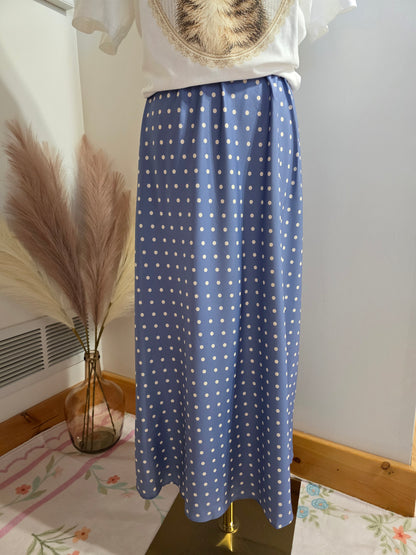 Dusty Blue Polka Dot Satin Midi Skirt
